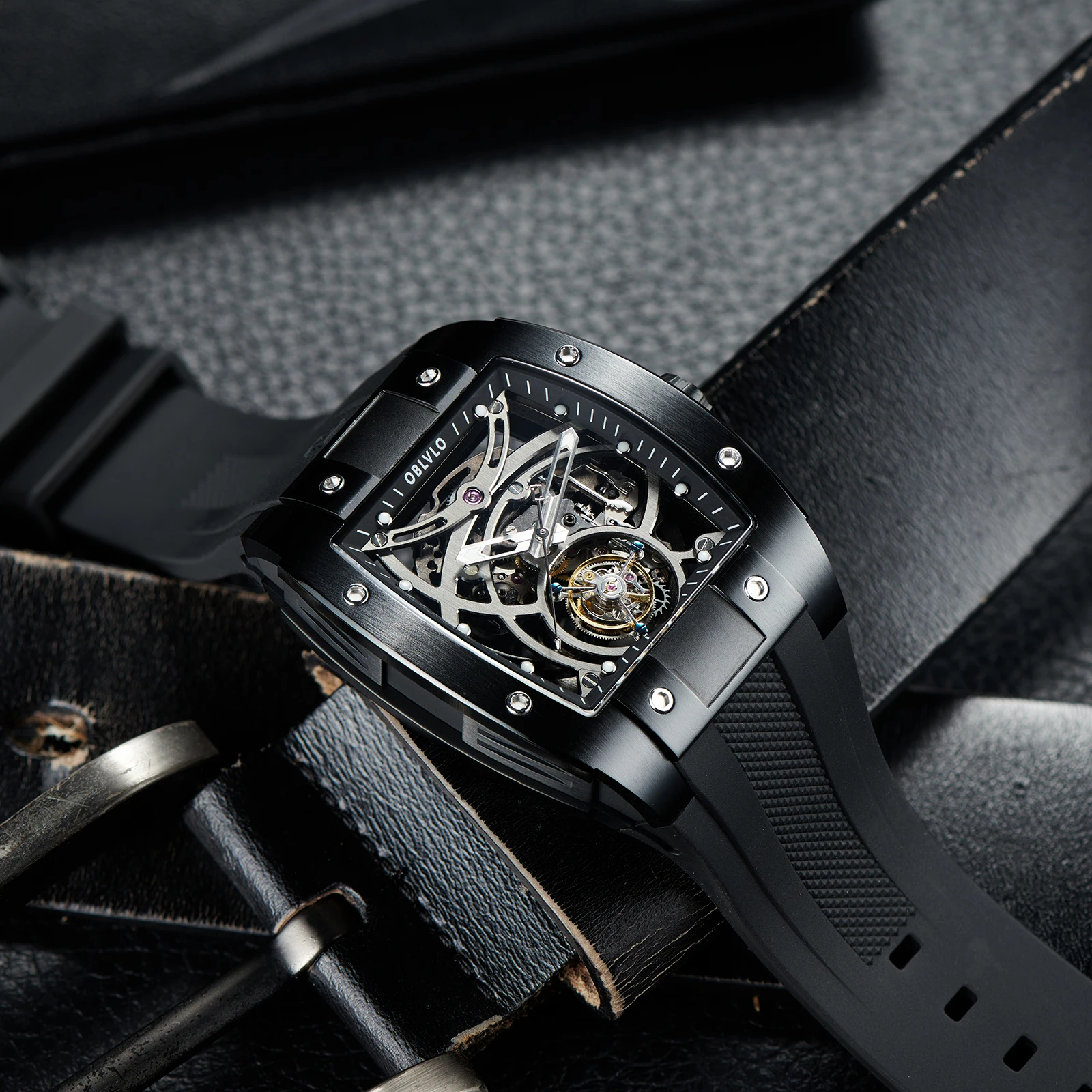 OBLVLO Orologio Automatico Da Uomo – Meccanico A Carica Automatica, Cinturino In Pelle, Vetro Zaffiro, Impermeabile 5 Bar