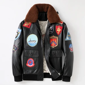 Mens Top Gun Patches G1 Fur Collar Bomber Leather Jacket