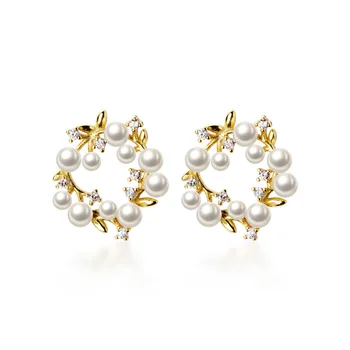 Pearls flower crown studs for cute girls S925 jewelry korean style fashion earrings in 18K gold plated earrings