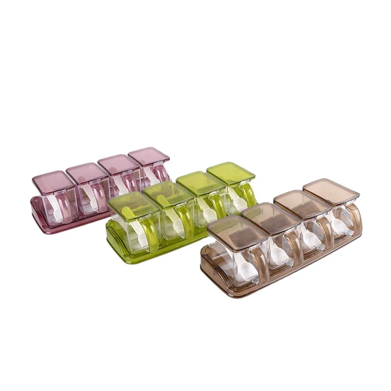 2023 кухонные принадлежности 4 в 1 прозрачная пластиковая квадратная коробка для приправ с ложкой банки