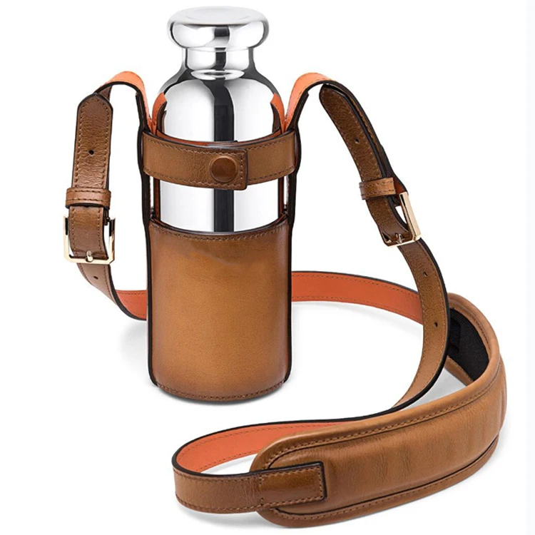 Leather Water Bottle Holder with Detachable Crossbody Strap