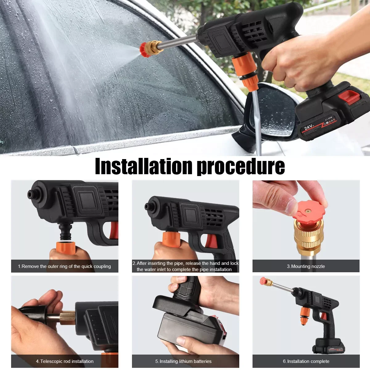 Lithium Battery 24V 48V Washer alta pressão sem fio Wash Gun portátil sem fio Car Washer Lavadora Equipamento de lavagem