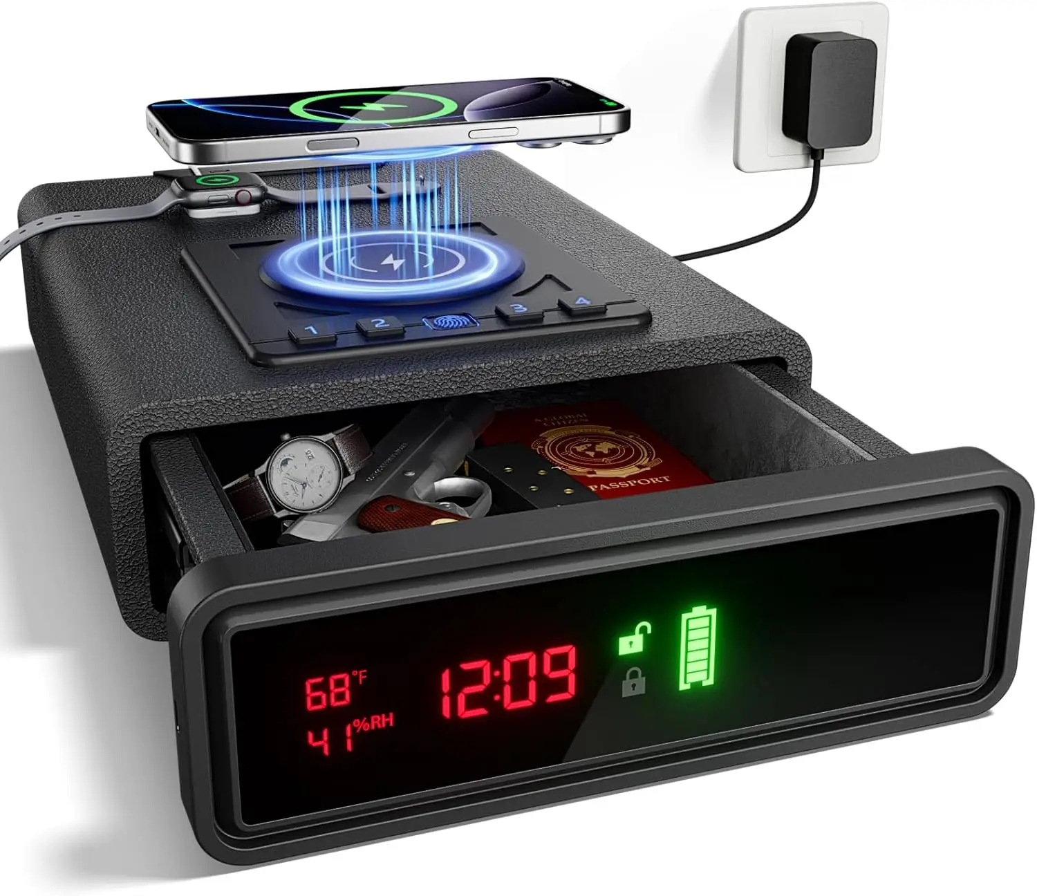 Biometric Gun Safe  Auto-Open Door with Fingerprint Lock Backlit Keypad - Compact Nightstand Safe with display LED Light