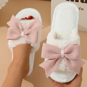 BUSY GIRL WXC01 Fur slippers for Women Winter Cute Bowknot Indoor Home Warm Thick Bottom Anti-slip slippers for All Seasons