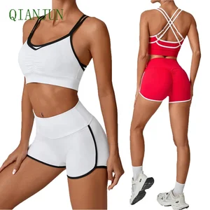 Women Double Shoulder Straps Strength Training 2 Piece Gym Outfit Set Low Collar Color Blocking Plus Size Shapewear Set