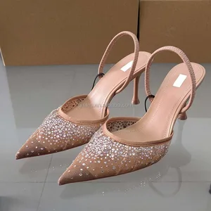 QuiteS 2026 Summer New Women's Shoes Diamond Mesh High Heels Elegant Temperament Slingle Pointed Head Sandals