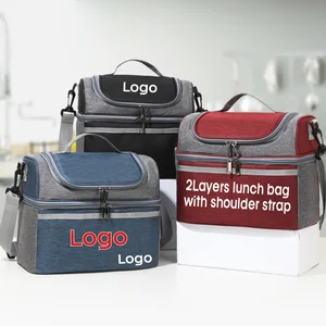 Custom Logo Double-layer Lunch Bag Solid Color Insulated Cooler Shoulder Strap Portable Picnic Lunch Box Food Storage Handbag
