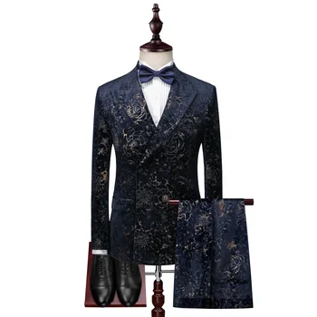 Ready To Ship Floral Printed High Quality Velvet 3 Pieces Formal Men Suit