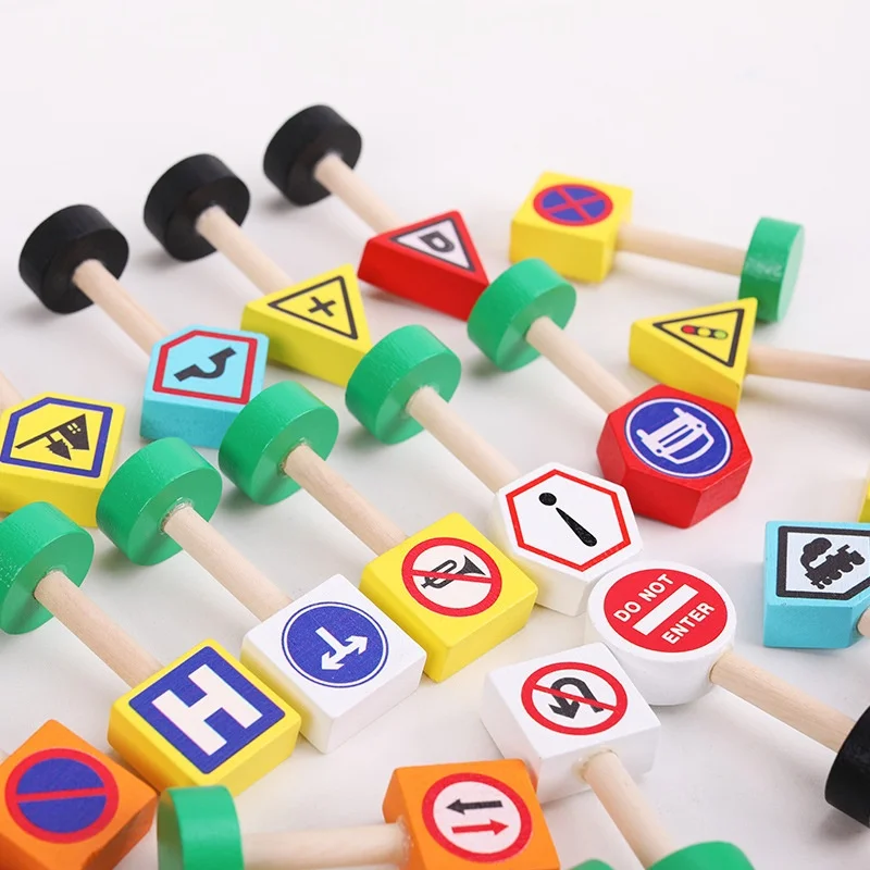 Montessori Education Play Set Kids Wooden Traffic Sign Cognitive Blocks Wood Toys for Cognitive Learning Street Signs Play