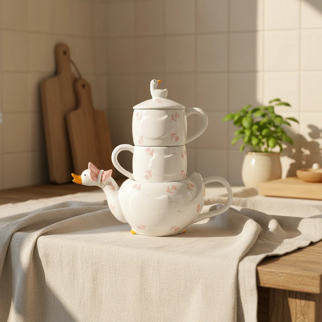 Świetnie zaprojektowany, stosowalny ceramiczny zestaw herbaciany w kształcie kaczki – 3 w 1 (czajniczek z filiżankami), z kwiatowym wzorem, kreatywna zastawa herbaciana w stylu zwierzęcym, idealna jako prezent