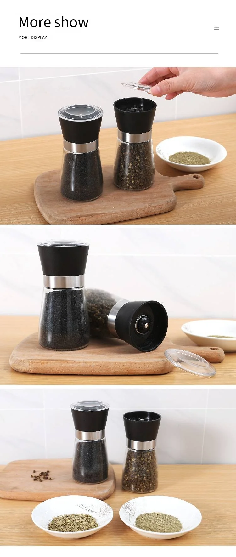 Manual grinder Kitchen glass seasoning bottle Household stainless steel black pepper coffee seasoning grinding bottle manufacture