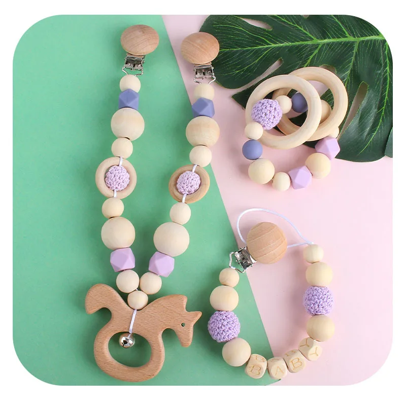 Silicone Teething Beads Kit DIY Baby Chewable Teether Wood Pacifier Chain Making 