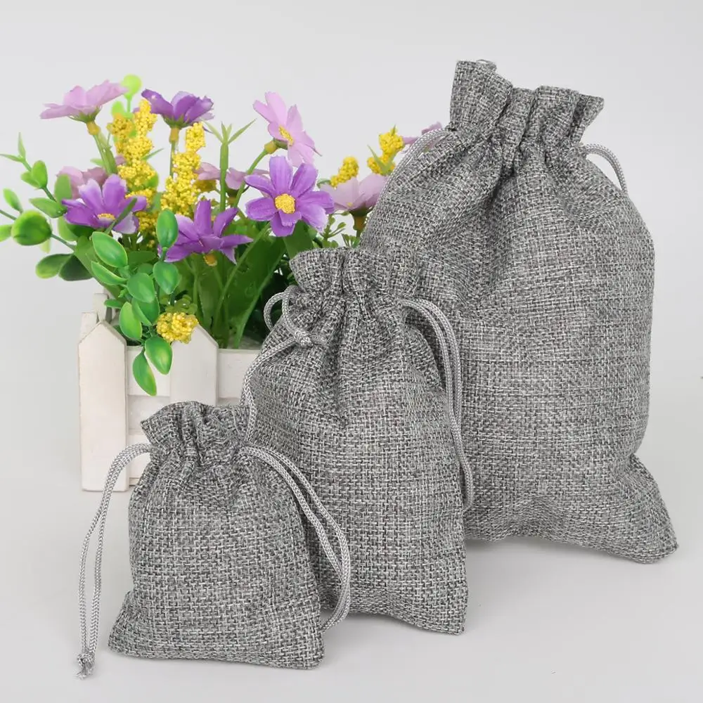 Custom Logo Linen Gift Bags Packing Jewelry Drawstring Pouch Linen Gift Storage Pouches Dust Bag