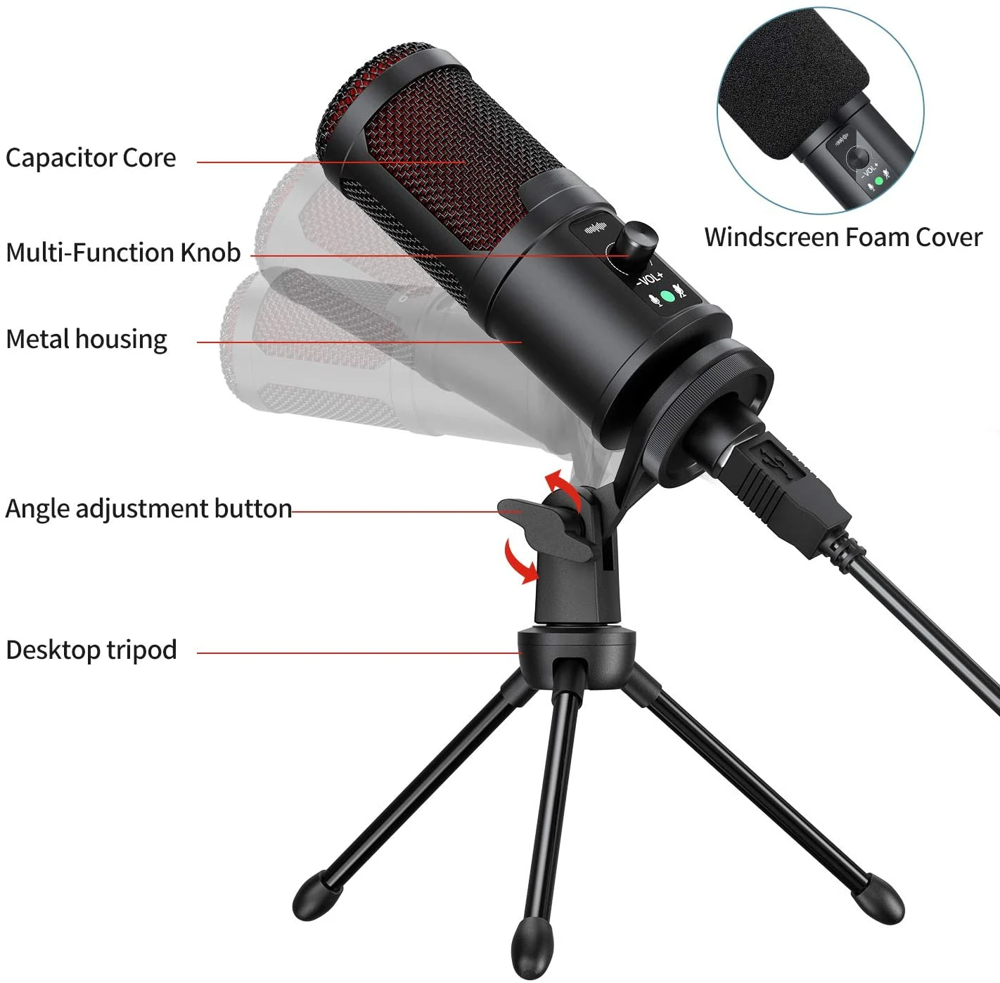 Профессиональный USB-микрофон с шумоподавлением, портативный конденсаторный микрофон с настольной подставкой для потоковой трансляции для ноутбука, Mac