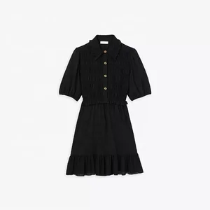 Clothing Manufacturer Custom Spring Summer Black Polo Neck Short Sleeve Pleated Women Elegant Casual Mini Dress