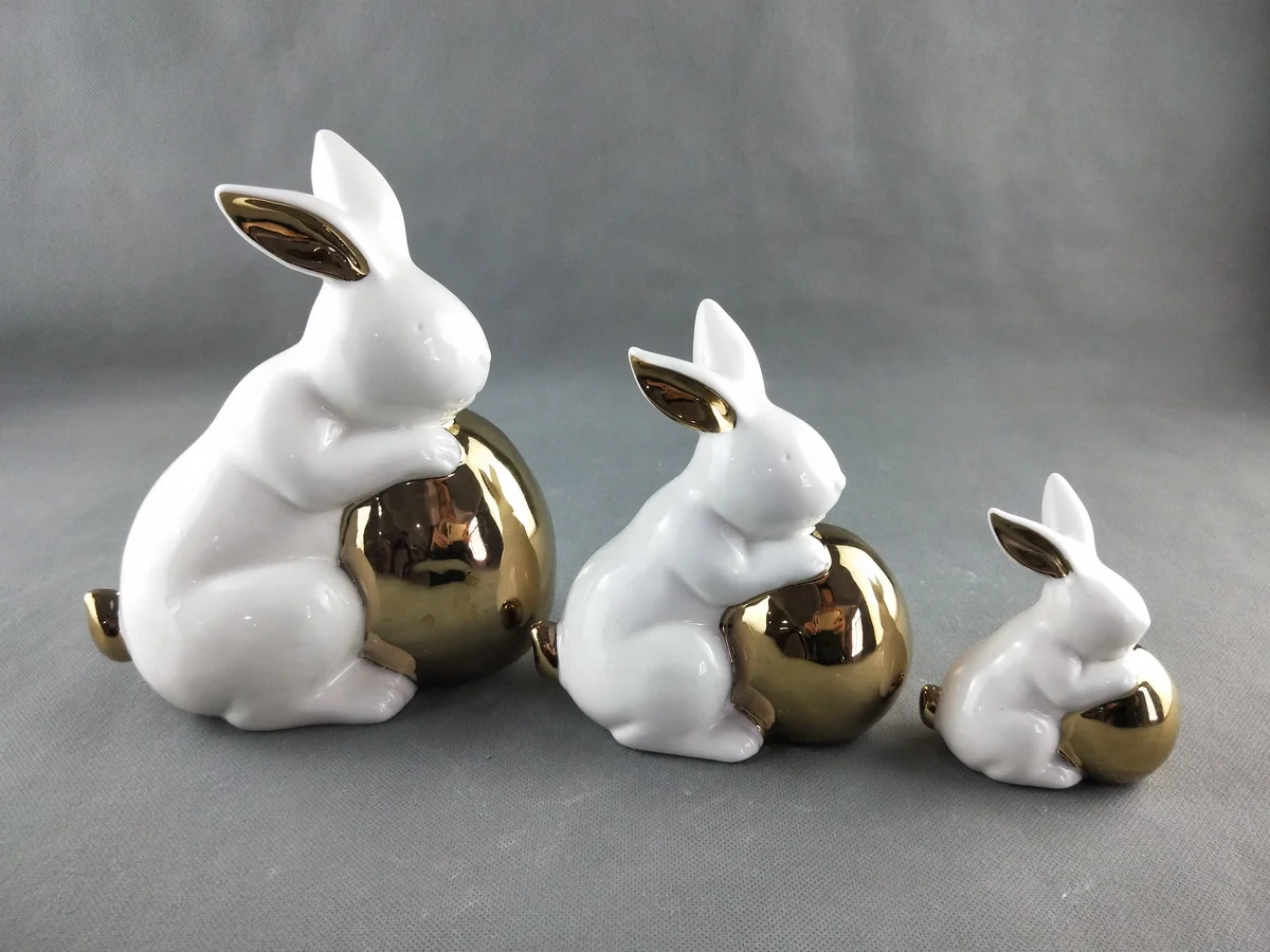 2 Coniglietti In Ceramica Dorata 6 Cm Per Decorazione Pasquale, Statuette Da Tavolo Artigianali Per Casa E Feste