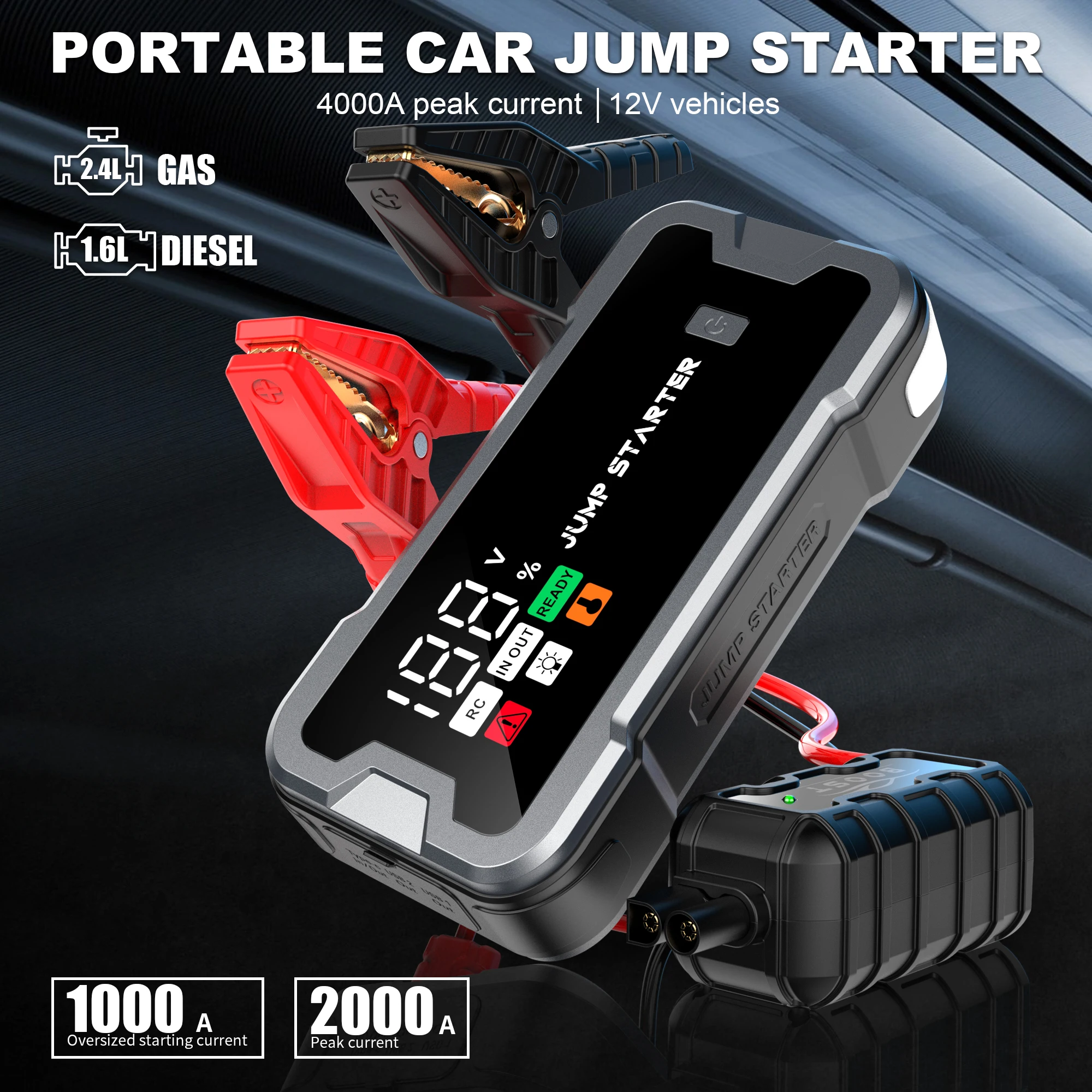 12V 24V Heavy Duty Jump Starter 4000A Peak Current Digital Display SOS Strobe 20000mAh for Motorcycle/Truck Winter Start