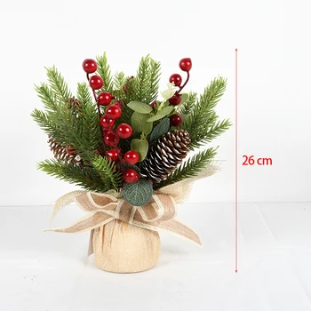 Navidad Holiday Potted Plants Tree with Leaf Red Berry Burlap Base Snowy Pine Needle Mixed Tree Small Desktop Christmas Tree