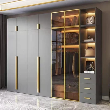 Light Luxury Glass Door wardrobe Simple Modern Solid Wood Cabinet Large Combination Door for Home or Hotel Bedroom Furniture