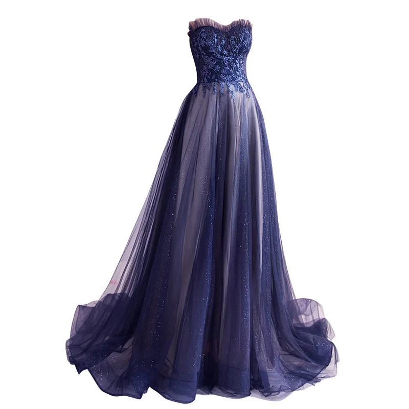 Elegant Evening Dress Blue Starry Sky Lace Mesh Strapless Long Shining  Party Wedding Dresses
