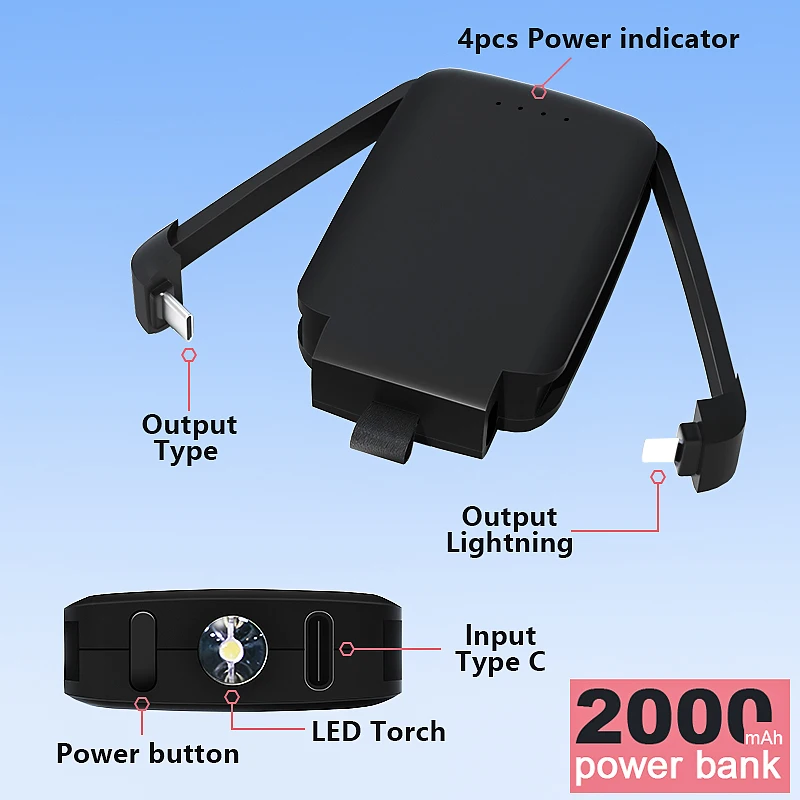 Custom Logo Portable Charger 2000Mah Key Chain Mobile Mini PowerBank Built in Charging Cable Small Power Bank