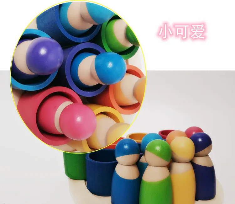 Rainbow Wooden Peg Dolls in Bowls 7 Bowls Wooden Sorting and Matching Rainbow Peg Dolls With Tray