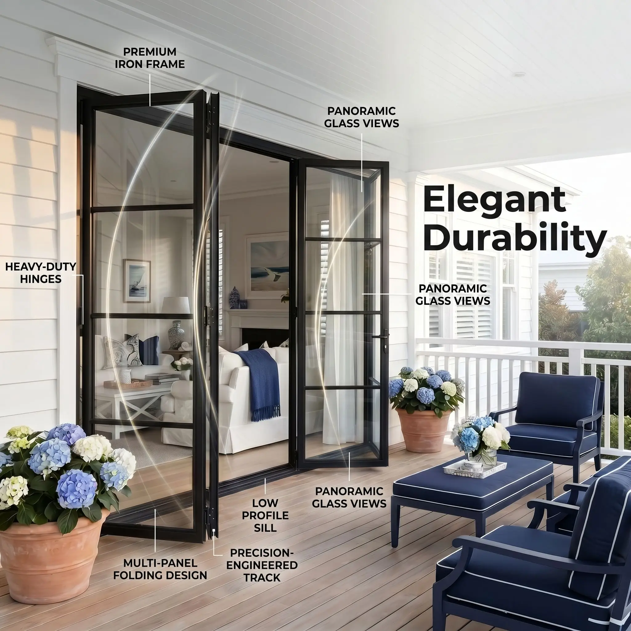 Custom Modern French Style Forged Iron Glass Exterior Bifolding Iron Doors for Residential Security