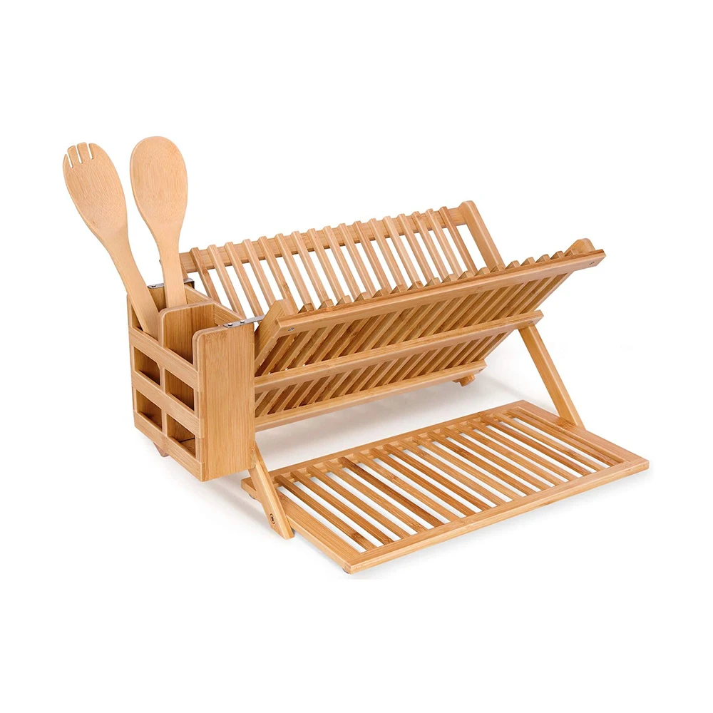 3tier Collapsible Bamboo Drainer Dish Drying Rack With Utensil Holder