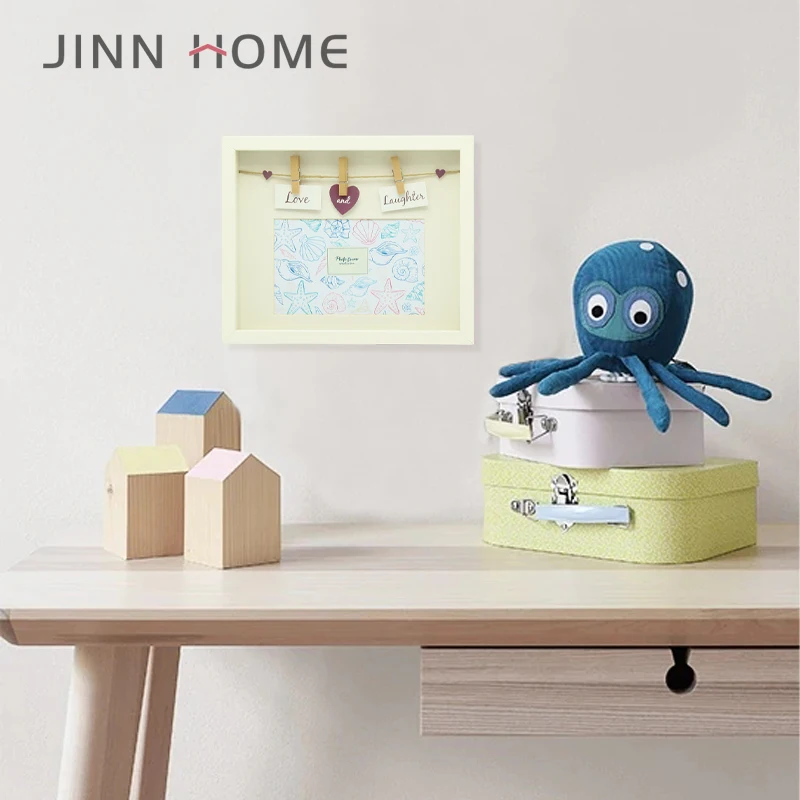 JinnHome Led Light Photo Collage Frame Wire Clothespin 15*15  Wall Hanging Led Light Wood Picture Frame With Linen Rope