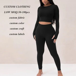 Factory Custom logo High Stretch Fitness Modest Gym Wear Women Long Sleeve Tops and Legging Sets Two Piece Sets Sports Yoga Sets