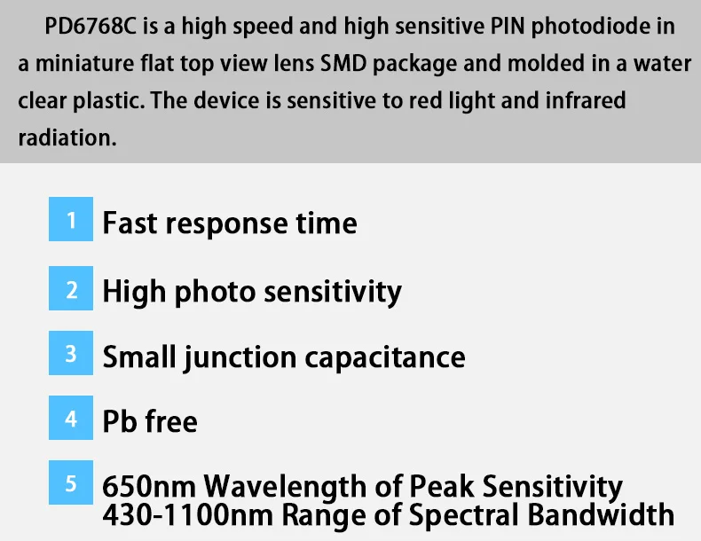 Smd Planar Photodiode,Pd6768c,650nm Peak Sensing Wavelength