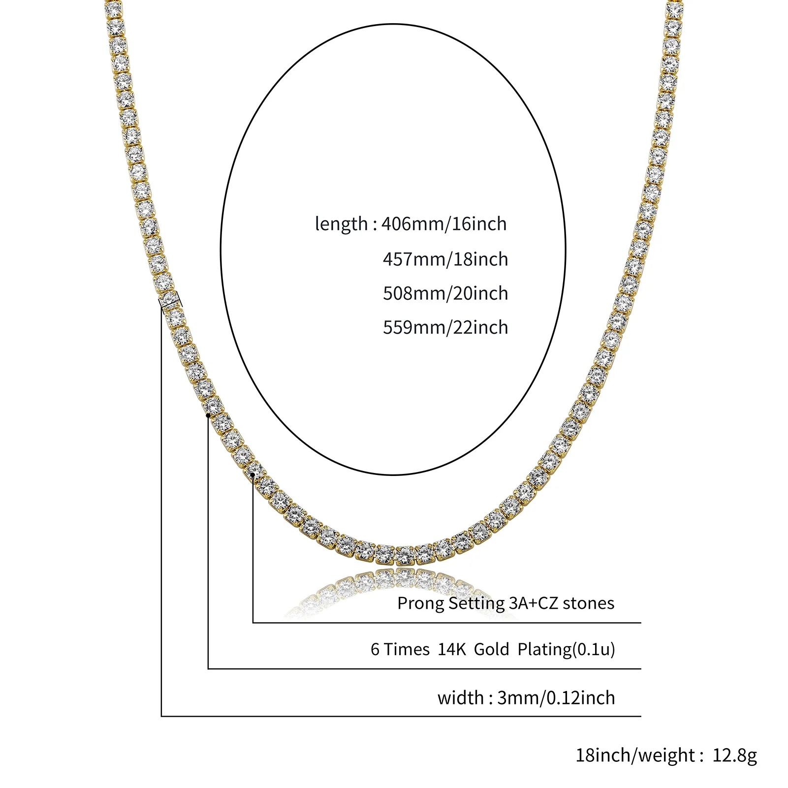 Women's Tarnish Free Chain Necklace Real PVD Gold Tennis Chain Hip-Hop Choker Necklace 3A+ Zircon Fine Beaded Tennis Necklace