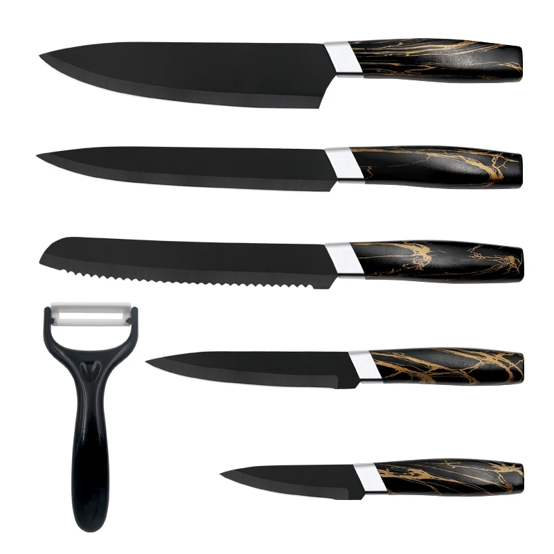 6 Pieces Kitchen Knives Set Pp Black Gold Crack Pattern Coating Handle