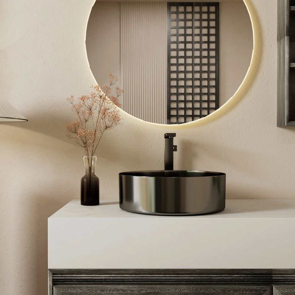 Modern Round Stone Top Wash Basin 304 Polished Stainless Steel Rose ...