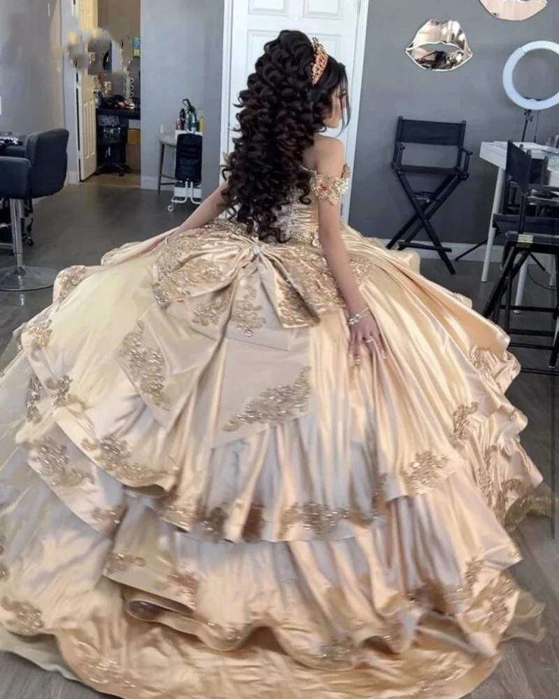 champagne 15 dress KissProm Sparkle Ball Gown Off-the-Shoulder Short Sleeves Quinceanera Dress, Champagne / 12 style bodice A Line Champagne Tulle Prom