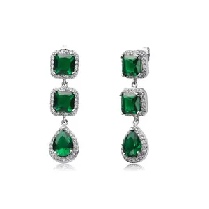 Keiyue Luxury Emerald Geometric Zircon Teardrop Earrings Green Square Crystal 925 Silver Plated Dangle Earrings Gift