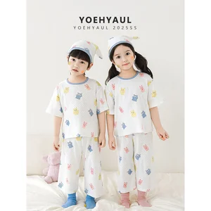 YOEHYAUL N6516 Unisex Boy Girl Summer Pajamas for Kids 100% Cotton Short Sleeve Kids 2 Piece Sleepwear Pajamas Set