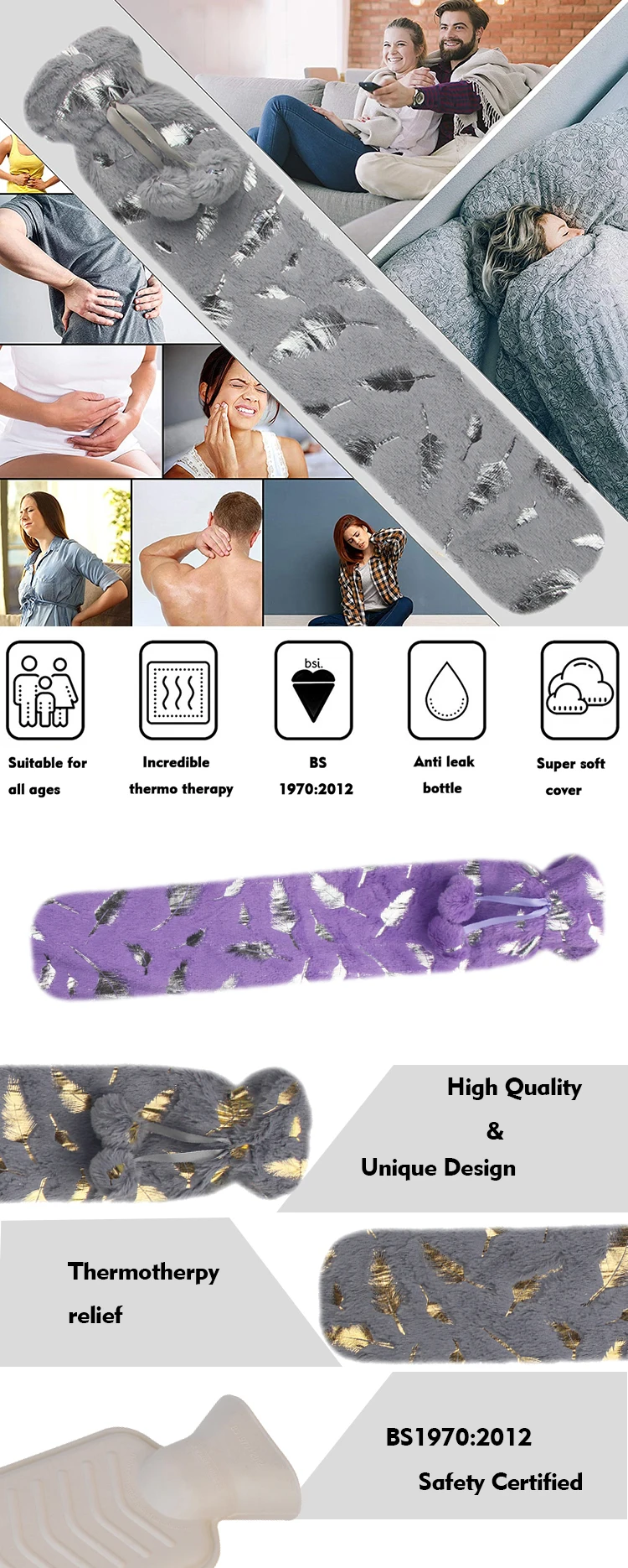 wholesale extra long hot water bottle rubber with faux fur cover hot water bag warm cheap manufacturer