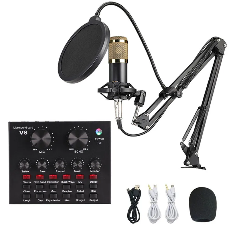 BM800 Microphone Studio Podcast Microphone Kits with V8 Sound Card Condenser Microfone for PC Wired Pink Color Mic Hand No Wifi