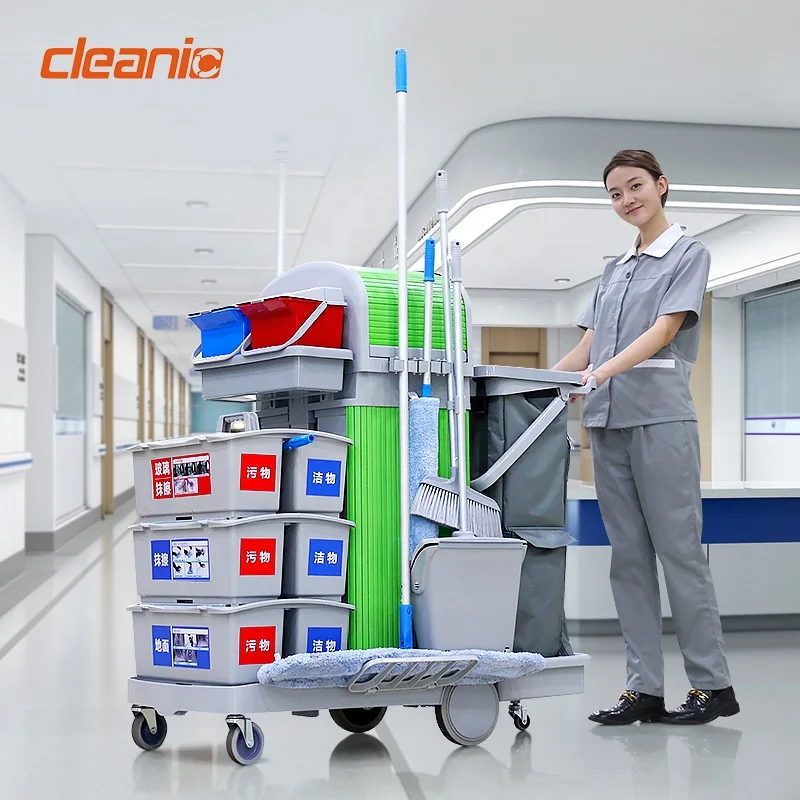 Full Set Multi-Purpose Multifunction Cleaning Trolley for Hospitals with Bucket Duster Flat Spray Mop Broom