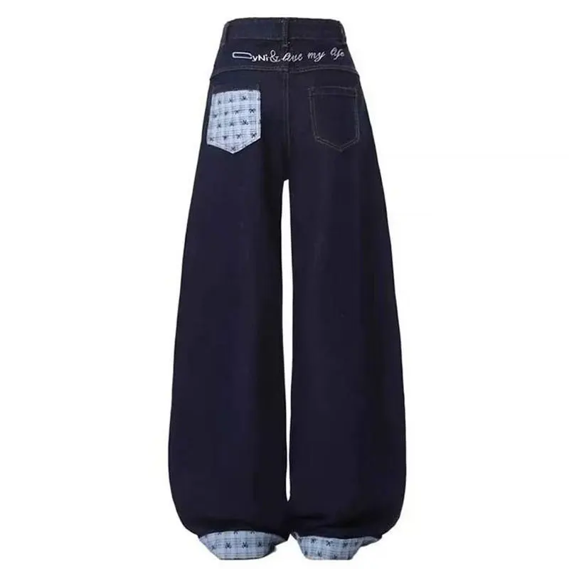 Design Bowknot Plaid Patchwork Denim Jeans for Women Spring Season Plus Size Loose Wide-leg Pants