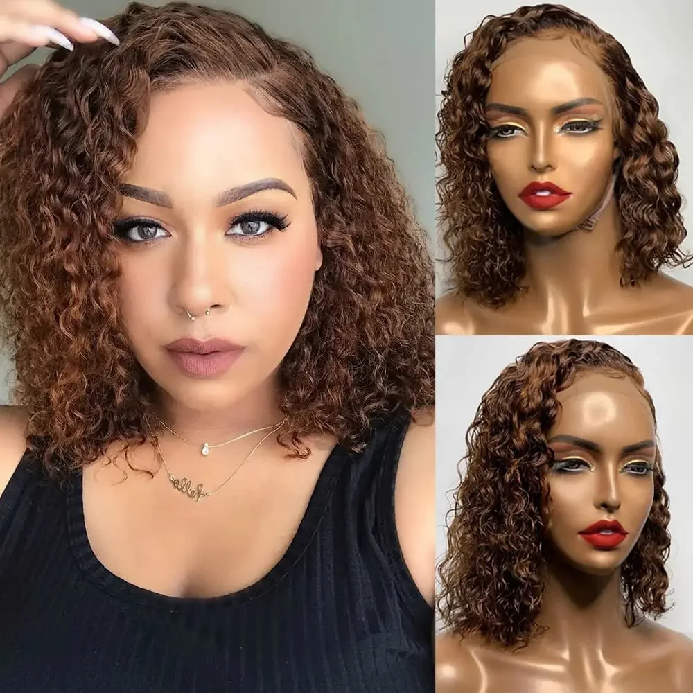 Parrucche per capelli umani Bob con onde profonde color cioccolato, densità 180, trasparenti, n. 4, 13x4, con pizzo frontale, parrucca corta pre-pizzicata per donne_voghion.com
