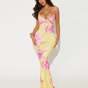 Summer Flower Printed Maxi Dress for Women Backless Fashion Slim High Waist Spaghetti Dress Holiday Patchwork Female Long Dress