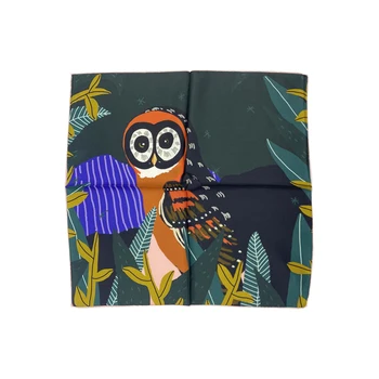 100% Silk Print Bandanas 50*50cm Olive Green Owl Animal Cartoon Sqaure Scarves