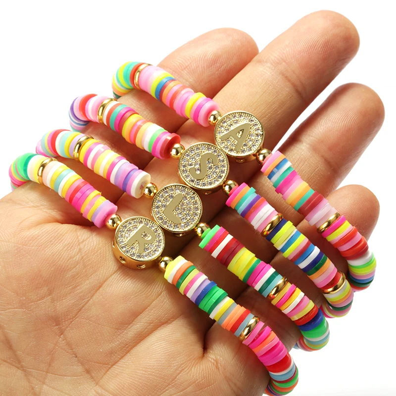 Handmade Fancy Bohemian Polymer Clay Rainbow Bead Friendship Hawaiian Elastic CZ Letter Charm Bracelet for Women Girls