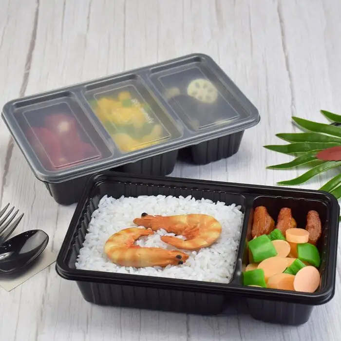 To Go 3 Compartment for Meal Prep Containers Plastic Disposable Takeaway Food Container Bento Lunch Box