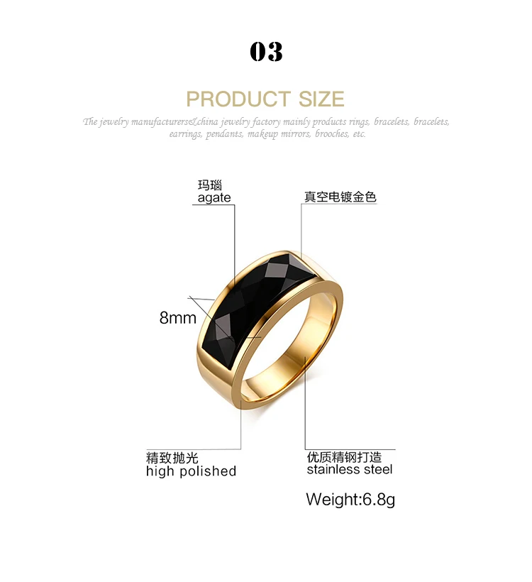 Factory wholesale stainless steel black agate gold men's ring jewelry wholesale RC-203