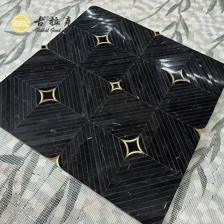 Nero Black Marble mix Brass Waterjet Mosaic Floor and Wall Tile supplier