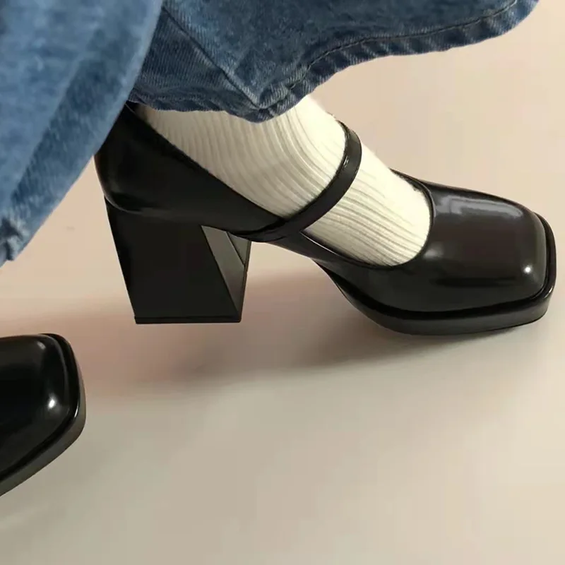 Elegant Mary Jane Shoes Platform Chunky Heel Autumn And Winter One Strap Square Toe Women High Heels Pumps - Image 4