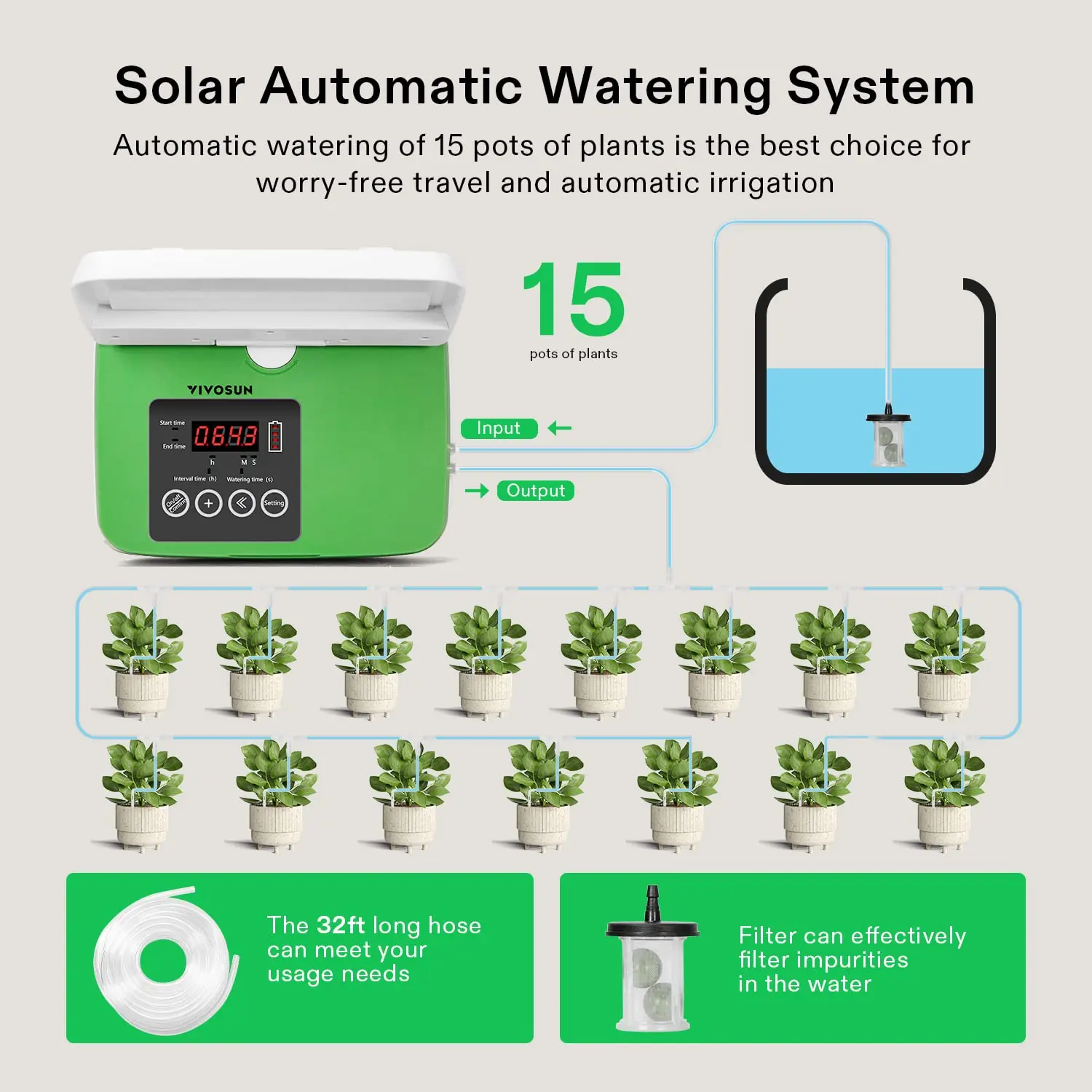 32ft  Smart Home Solar Power System Auto Timer Garden Drip Irrigation System Solar Water Pump for House Planting